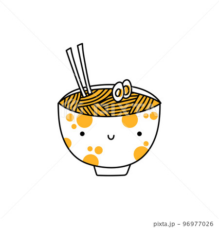 Cute ramen noodle. Cartoon kawaii korean ramen. Doodle vector noodles 96977026