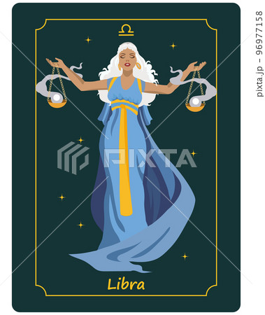 Astrological zodiac sign Libra, beautiful magical woman with scales on a gentle background with stars. Poster, clip art, tarot	 96977158