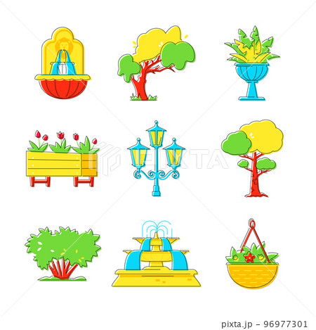 Garden decorations and nature - line design style object set Garden decorations and nature - line design style object set 96977301