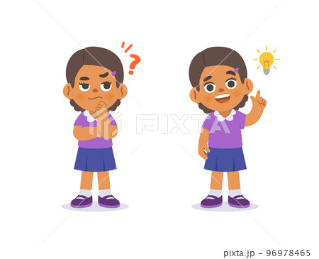 The black girl was confused, wondered, had a problem, and tried to answer and The girl figured out the answer to the problem. illustration cartoon character vector design on white background. 96978465