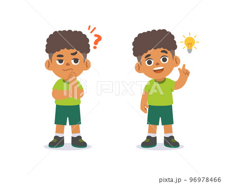 The black boy V.2 was confused, wondered, had a problem, and tried to answer and The girl figured out the answer to the problem. illustration cartoon character vector design on white background. 96978466
