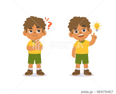 The black boy was confused, wondered, had a problem, and tried to answer and The girl figured out the answer to the problem. illustration cartoon character vector design on white background. 96978467