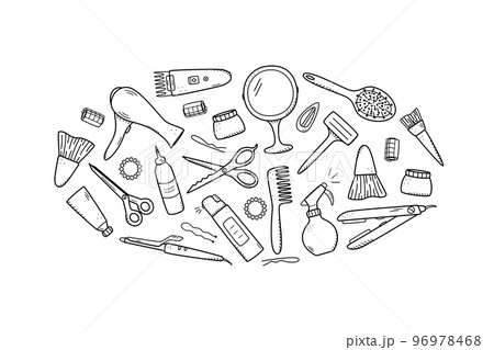 Hairdressing tool kit for beauty salon or home use. Vector illustration of doodle icons for self and hair care. Comb, razor, hair dryer, curling iron and other items 96978468