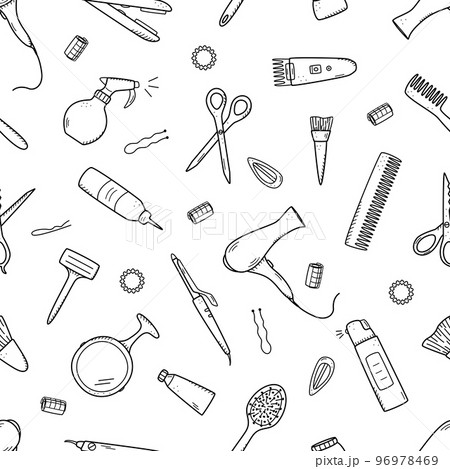 Seamless pattern of hairdressing elements. Vector illustration of doodle icons background, wallpaper. The concept of a hairdressing salon and a beauty salon 96978469