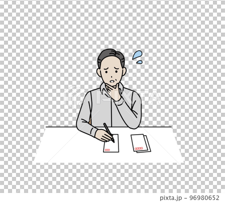年賀状や葉書を書くのに困る中年の男性のイラスト 年賀状や葉書を書くのに困る中年の男性のイラスト 96980652