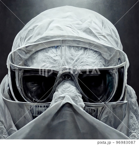 Human head in protective gear against viruses and radiation. White helmet modern protection, breathing safety close up 96983087
