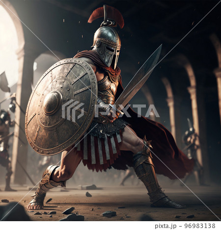 Gladiator in a helmet with a sword and shield in armor in the midst of a fight, vintage fights without rules, 3D graphic 96983138