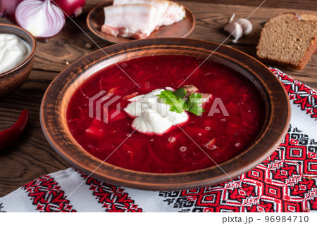 Ukrainian red borscht with beetroot tomato and meat Ukrainian red borscht with beetroot tomato and meat 96984710