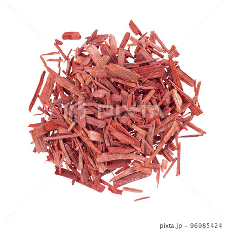 Red Sandalwood incense chips, isolated on white background. Sanderswood, rubywood or red saunders. Top view. Red Sandalwood incense chips, isolated on white background. Sanderswood, rubywood or red saunders. Top view. 96985424