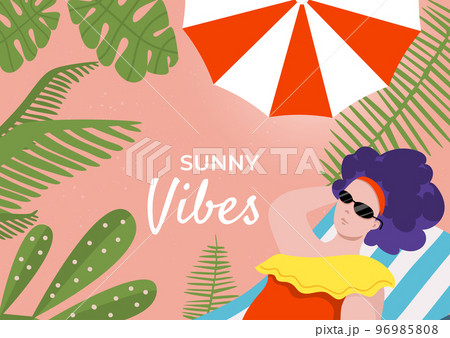 Summer vacation at beach, vector illustration, sunny vibes design, flat woman character in swimsuit sunbathing at lounger, under umbrella. 96985808