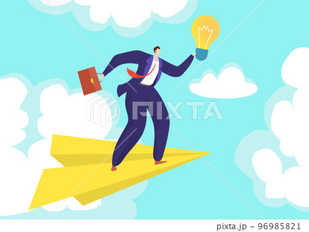 Business success concept, vector illustration, flat man character fly at paper plane, catching idea light bulb for leadership career. 96985821