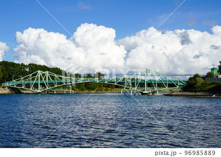 Historical rotatable riveted steel construction car bridge, landmark in Liepaja, Latvia 96985889