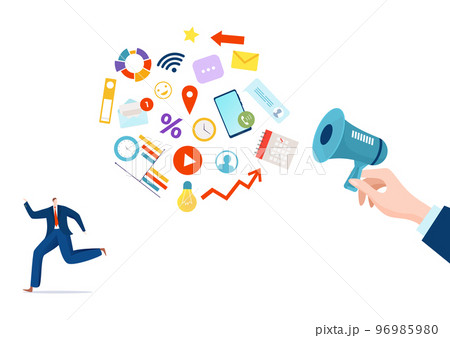 Information stress concept, vector illustration, flat tiny man character run from internet data, overloading social media news from huge loudspeaker 96985980