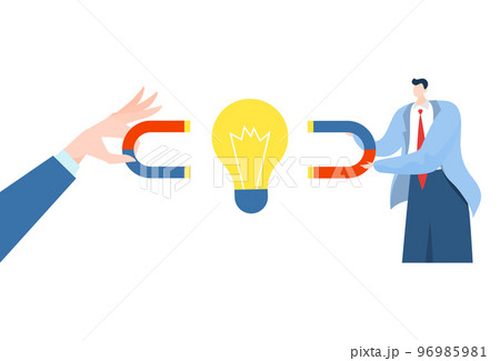 Magnet for success concept, attract idea, vector illustration, flat businessman character use magnetic power for light bulb, huge hand 96985981