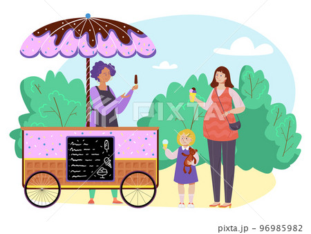 Street food, summer ice cream shop, vector illustration, pregnant mother character buy sweet dessert in kiosk, child daughter hold icecream. 96985982