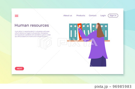 Human resources concept, landing page, vector illustration, flat woman character search for business employee for job career, worker choose folder 96985983