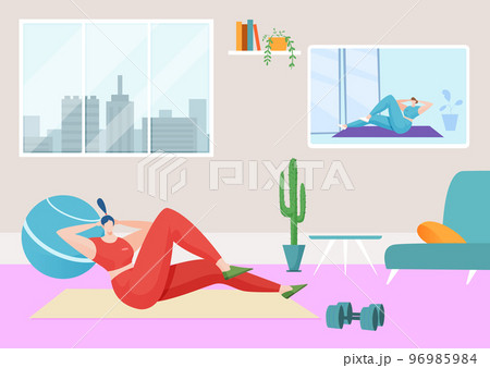 Home sport fitness, vector illustration, flat woman character training inside apartment, healthy lifestyle by workout exercise activity 96985984