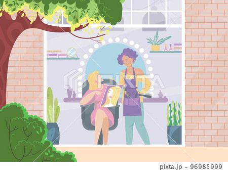 Hairdresse work at beauty salon, vector illustration, service for woman customer charcater in chair, client show hairdo at magazine Hairdresse work at beauty salon, vector illustration, service for woman customer charcater in chair, client show hairdo at magazine 96985999