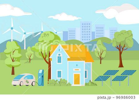Environment friendly green energy at urban landscape, vector illustration. Eco solar panel, wind station near house building, city nature design. 96986003