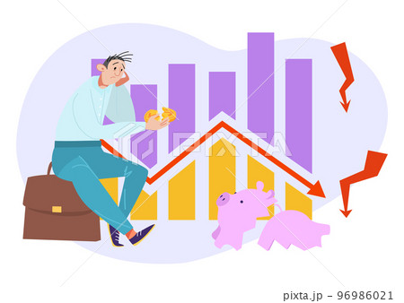 Financial crisis concept, vector illustration, bankruptcy flat man character sit near failure business graph, sad person near broken empty piggy bank. 96986021