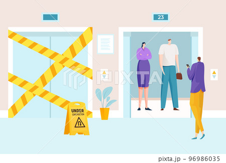 Elevator open and close door, vector illustration, lift under construction in hotel lobby interior, people man woman character ascend at high floor 96986035