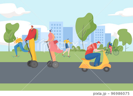 City flat people at transport, vector illustration. Urban road lifestyle, man woman character ride bike, bicycle, skateboard and segway. 96986075