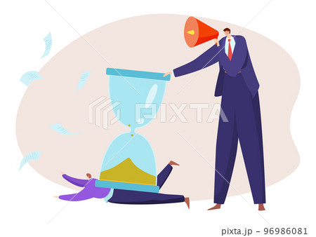 Business hourglass with deadline, vector illustration, flat boss character hitting tiny worker, time management with loudspeaker. Business hourglass with deadline, vector illustration, flat boss character hitting tiny worker, time management with loudspeaker. 96986081