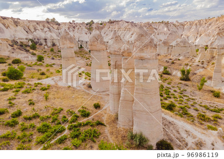 Unique geological formations in Love Valley in Cappadocia, popular travel destination in Turkey 96986119