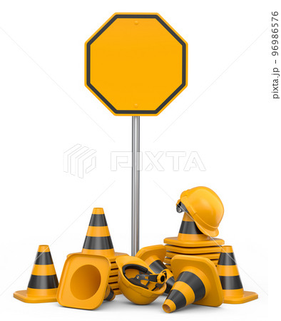 Set of safety helmets or hard hats and traffic cones, road sign on white 96986576