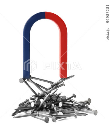 Horseshoe magnet attracting nails on white background Horseshoe magnet attracting nails on white background 96987281