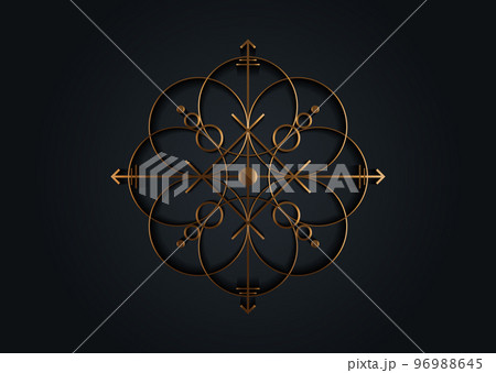old gold sacred seal of powerful energy, ancient sigil for protection with geometric shapes and mystical arrows, vector golden cross symbol isolated on black background 96988645