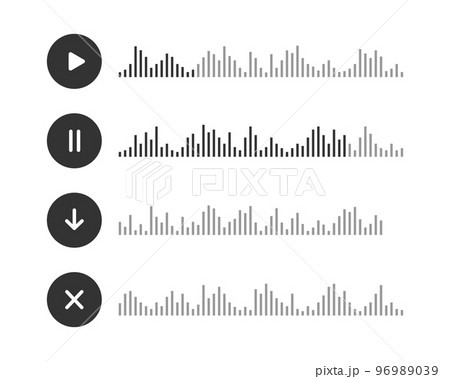 Audio message icons. Voice chat elements with play, pause, downloading, cross buttons and speech waves. Messenger, radio, podcast mobile app interface 96989039
