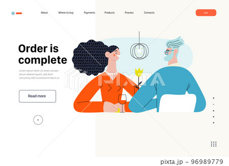 Order is complete - Online shopping and electronic commerce series - modern flat vector concept illustration of a couple sitting in the restaurant. Promotion, discounts, sale and online orders concept 96989779