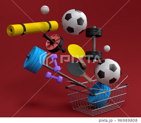 Sport equipment for fitness, gym, crossfit in shopping basket on red 96989808