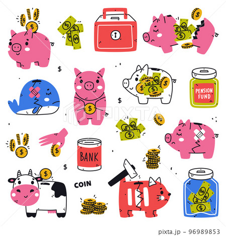 Money Box and Piggy Bank as Container for Coin Storage Vector Set Money Box and Piggy Bank as Container for Coin Storage Vector Set 96989853