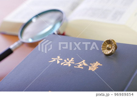 六法全書と弁護士バッチと虫メガネ 六法全書と弁護士バッチと虫メガネ 96989854