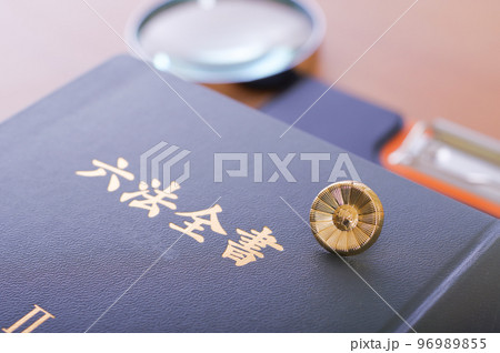 六法全書と弁護士バッチと虫メガネ 96989855