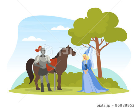 Medieval Life Scene with Man Knight from Middle Ages in Iron Armour Suit and Noble Court Lady Vector Illustration 96989952
