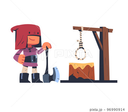 Executor or Headsman from Middle Age Wearing Red Hat with Sharp Axe Vector Illustration Executor or Headsman from Middle Age Wearing Red Hat with Sharp Axe Vector Illustration 96990914