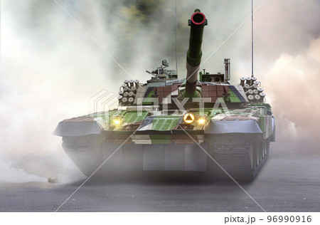 Army battle tank at war under smokey ground 96990916