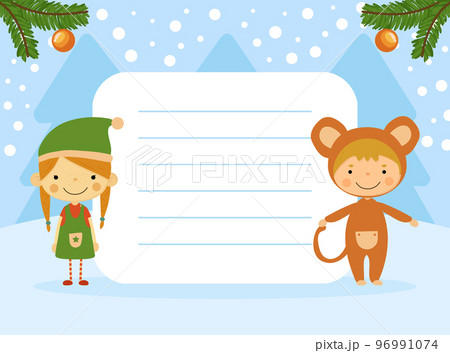 Cute Christmas note and memo card with cute girl elf and monkey. Lined sheet paper for notebook, notepad, diary cartoon vector 96991074