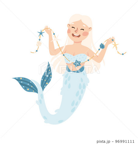 Mermaid with Wavy Hair Floating Underwater with Necklace Vector Illustration 96991111