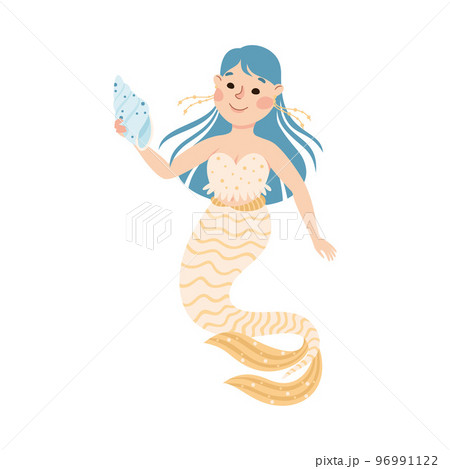 Mermaid with Wavy Blue Hair Floating Underwater with Conch Vector Illustration 96991122