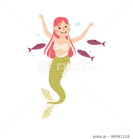 Mermaid with Wavy Hair Floating Underwater Vector Illustration 96991126