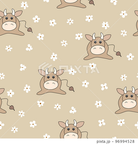 Vector flat animals colorful illustration for kids. Seamless pattern with cute bull and flowers on beige background. Cartoon adorable character. Design for textures, card, poster. Cute cow. 96994528