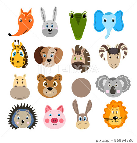 Set with colorful cute animal face. Hare, crocodile, koala, hippopotamus, bear, giraffe, horse, ram, pig, hedgehog, donkey, lion. Isolated objects. Cartoon flat illustration. Template icon, sticker. 96994536