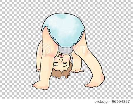 一個穿著尿布的可愛嬰兒四肢著地看著鏡頭大笑的插圖 96994857