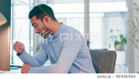 Stressed businessman, trader and investment on computer in burnout, debt or financial pressure at the office. Man investor giving up or loss in finance with headache, depression and anxiety at work Stressed businessman, trader and investment on computer in burnout, debt or financial pressure at the office. Man investor giving up or loss in finance with headache, depression and anxiety at work 96996969