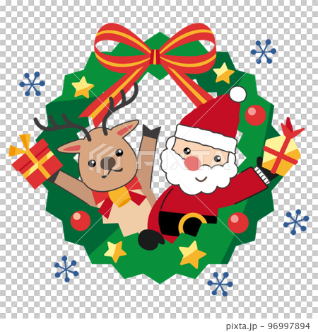 Illustration of Santa Claus and reindeer with gifts and Christmas wreath 96997894