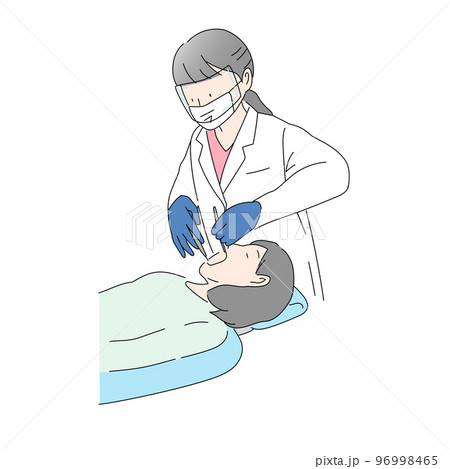 患者さんの歯を診る女性歯科医師(細線) 96998465